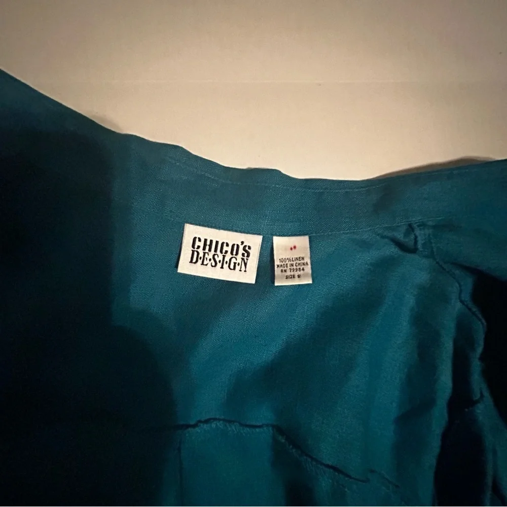 Chico's Vibrant Teal Blouse 100% Linen Size 2 - Picture 6 of 8